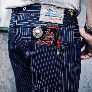RISING SUN & CO. BLACKSMITH SELVEDGE BUCKLE BACK INDIGO TICKING STRIPE DENIM.